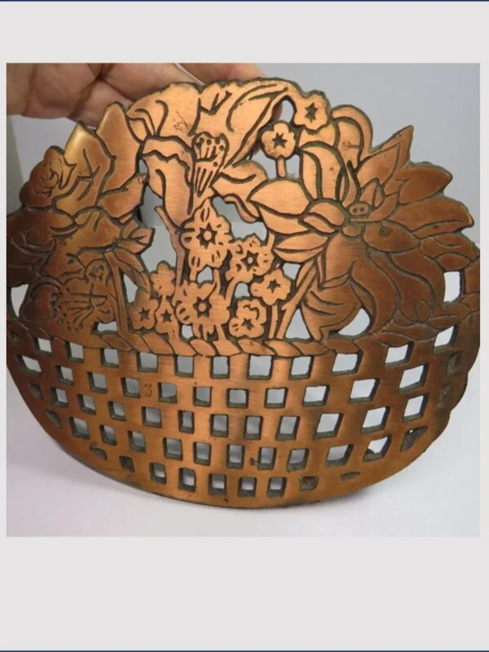 Vintage 1983 Old Dutch Design Copper Plated Cast Iron Flower Basket Trivet 8x6
